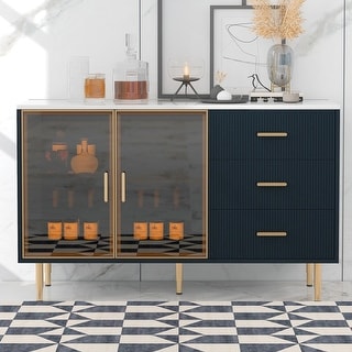 Sideboard MDF Buffet Cabinet w/Marble Sticker, Glass Doors - Bed Bath ...