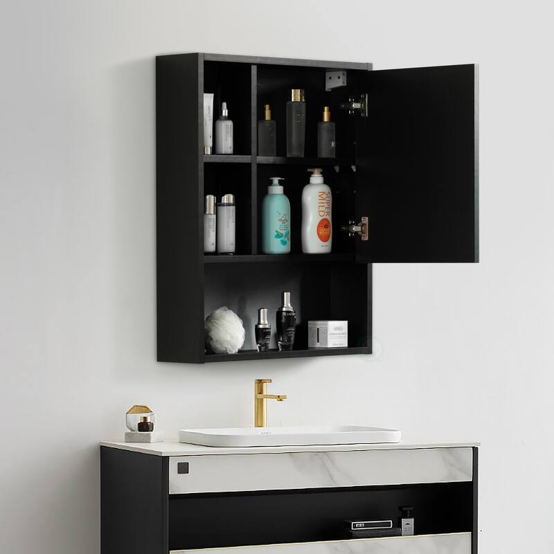 Wall Mount Bathroom Mirrored Storage Cabinet with Open Shelf | 2 Adjustable Shelves Medicine Organizer Storage Furniture