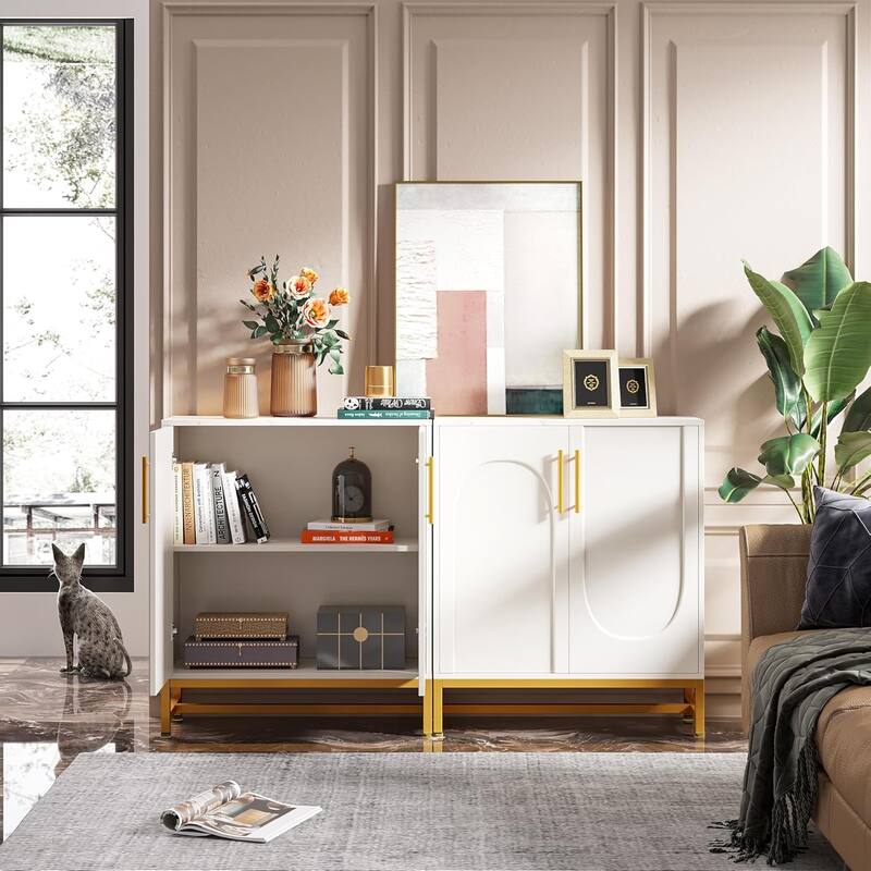 4-Door Sideboard Buffet, Faux Marble Storage Cabinet with Adjustable Shelf for Kitchen