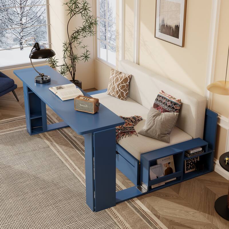 Multifunctional Sofa Bed Convertible Daybed with Removable Integrated Desk/Hydraulic Side Table/Storage Drawers for Small Spaces