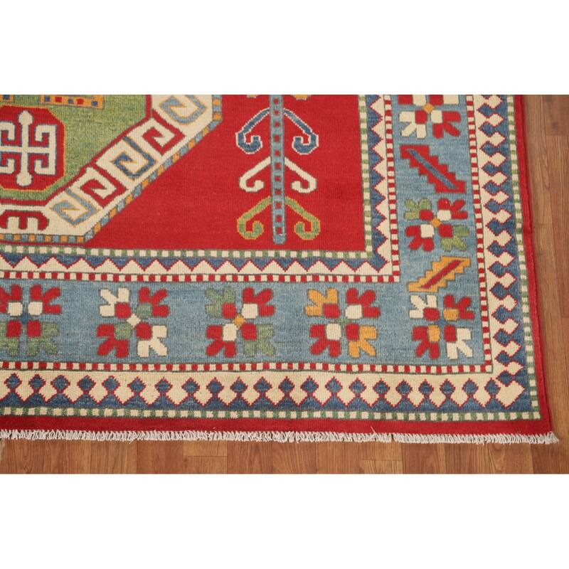 Green & Red Kazak Area Rug Hand-Knotted Wool Carpet - 6'7" x 9'7"