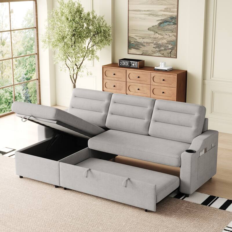 83.5-Inch Convertible Sofa Bed - Stylish Polyester Recliner with Storage for Small Spaces