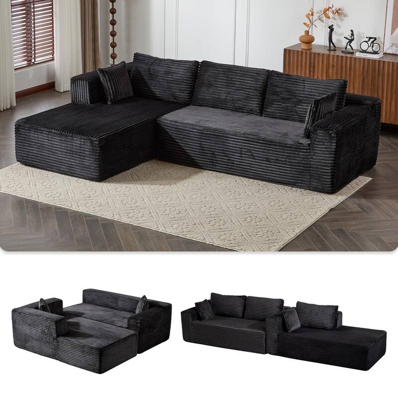 Modular L Shaped Sectional Sofa with Chaise Lounge, Corduroy Upholstered Boneless Sleeper Sofa, Compression Sofa with Deep Seat - Black