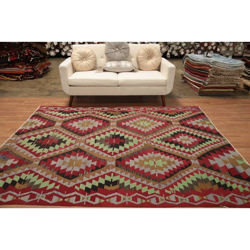Hand Woven Oriental 100% Wool Carpet Southwestern Tribal Red Kilim Area Rug - 8' 0'' X 6' 6''