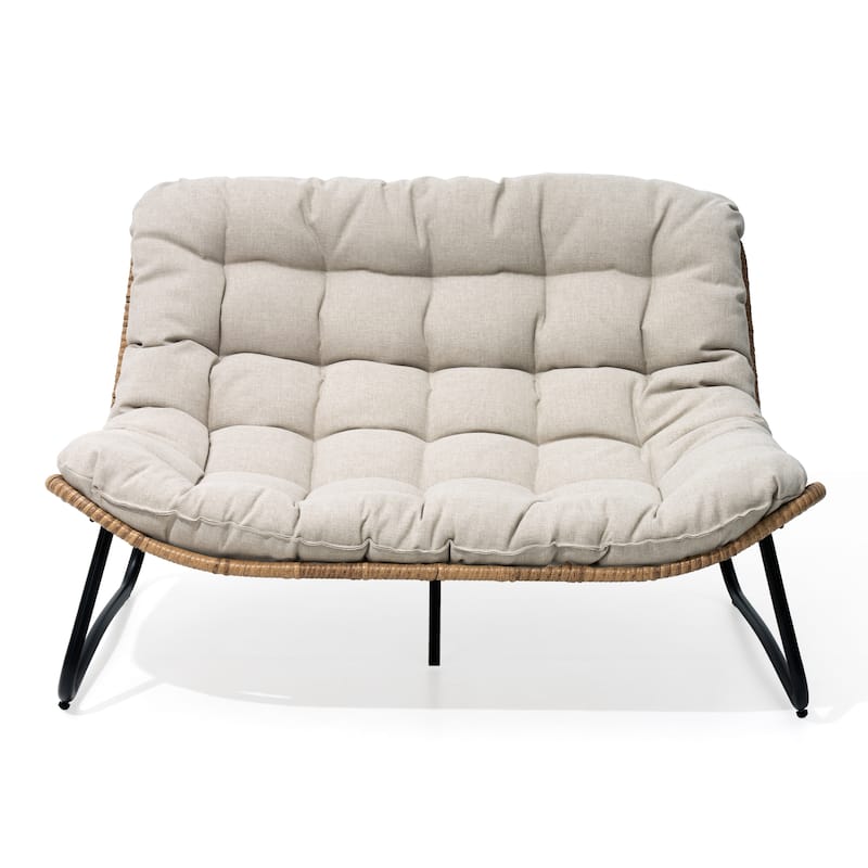 All-Weather PE Rattan Double Papasan Chair Loveseat with Soft Cushion for Indoor Outdoor - Beige