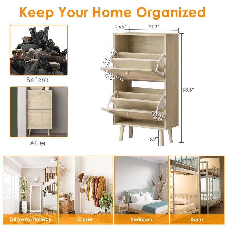 Rattan Shoe Cabinet with 2 / 4 Flip Drawers, Narrow Shoe Storage Cabinet,Organizer for Entryway, Bedroom, Living Room