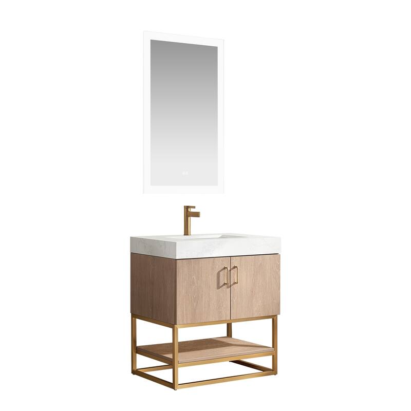 Alistair Single Bath Vanity with White Grain Stone Top & Mirror - 30" - North American Oak(Gold Hardware)