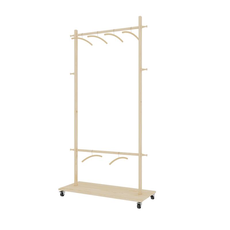 Anmytek Solid Finnish Pine Rolling Garment Rack with 2 Hanging Rods & Shelf, Freestanding Clothes Organizer with Lockable Wheels