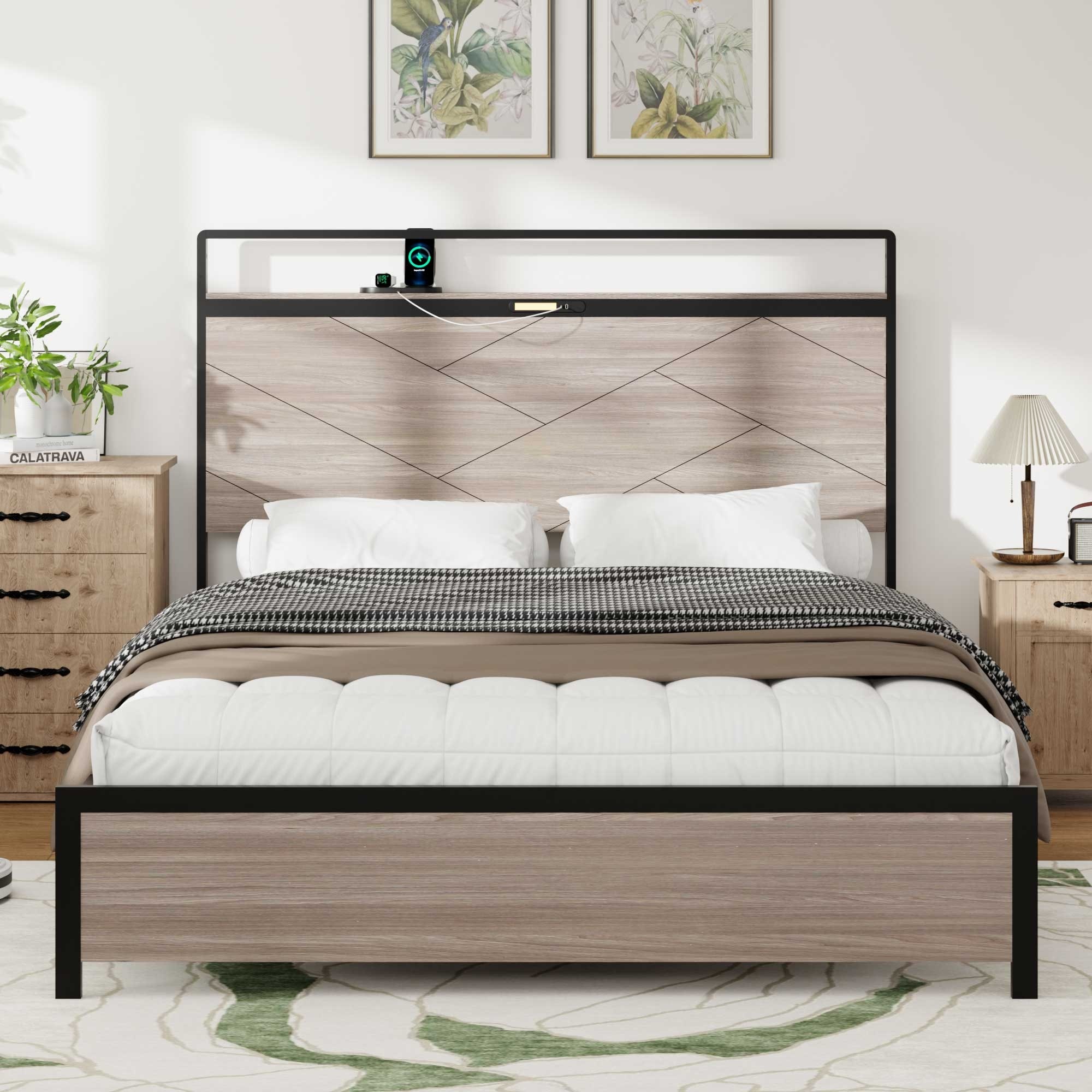 Bed Frame Full Size, Wooden Platform Bed Frame With Storage Led Light Headboard And 2 USB, Large Underbed Storage