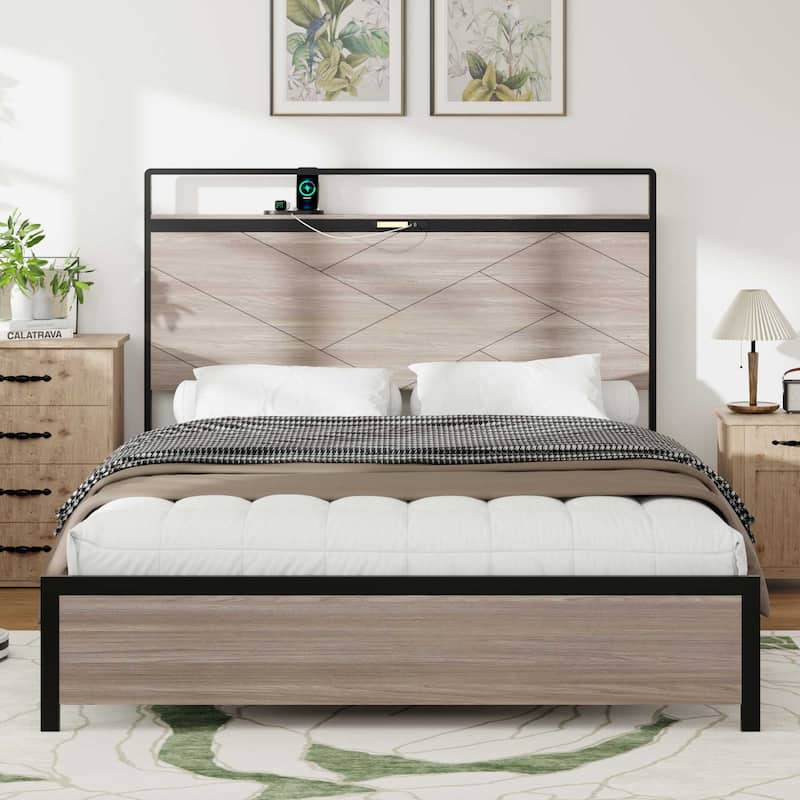 Platform Bed Frame with LED Headboard, Metal Bed with Charging Station and Under-Bed Storage - Full