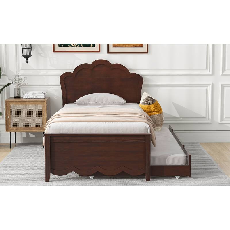 Twin Size Wood Platform Bed with Headboard and Twin Size Trundle