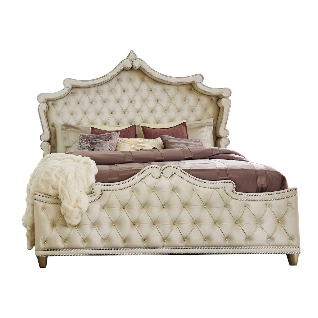 Lino Wood Queen Bed, Opulent Tufted Velvet Upholstery, French Carved, Ivory