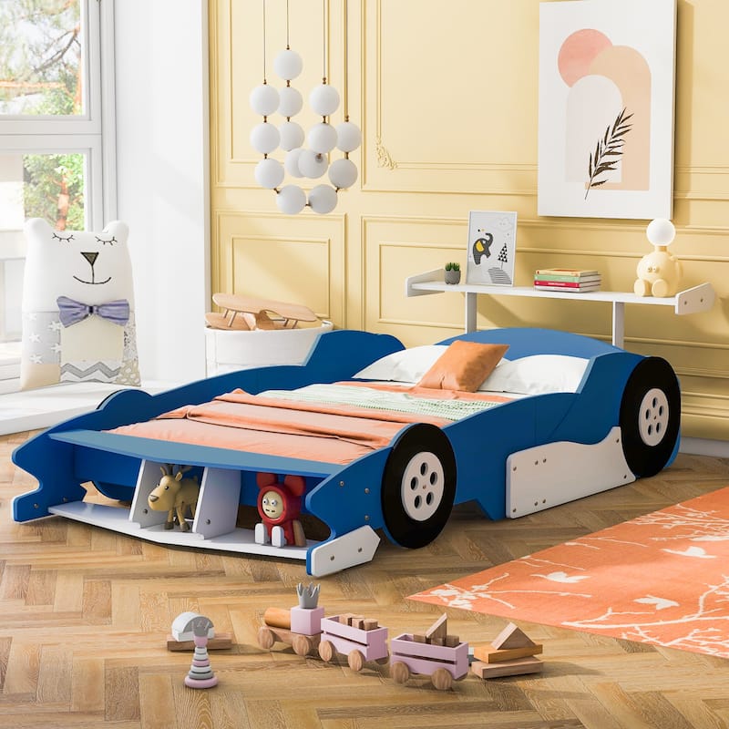 Full Size Race Car-Shaped Platform Bed with Wheels, Blue - Blue