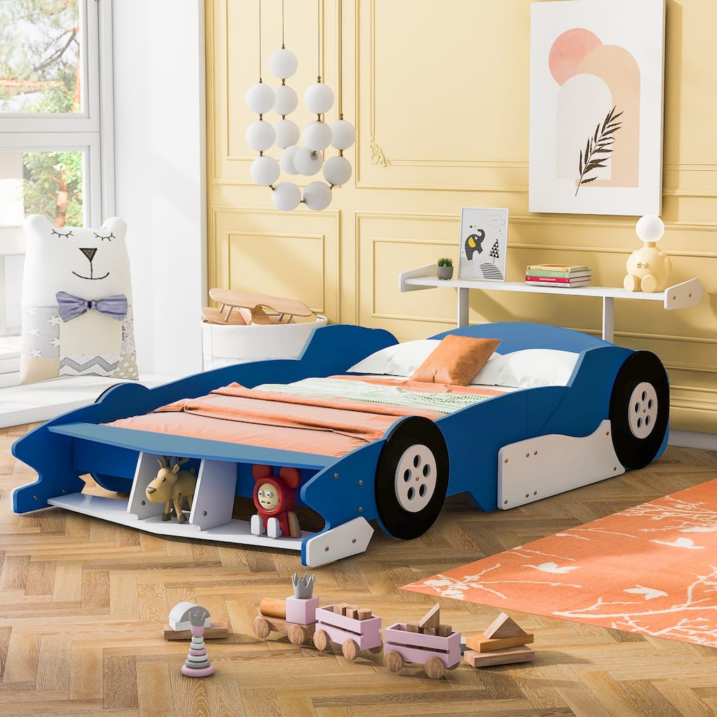 Full Size Race Car-Shaped Platform Bed with Wheels in Blue