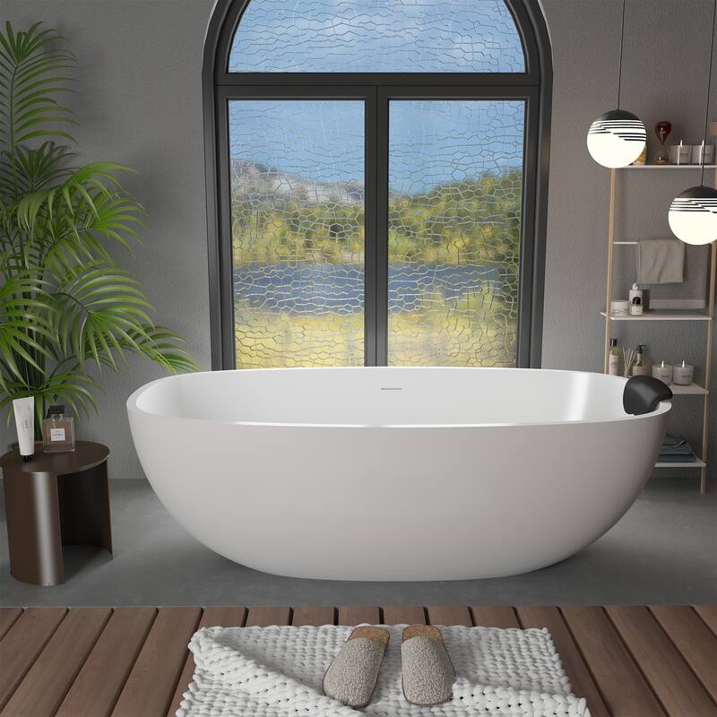 CASAINC 71" Resin Stone Solid Surface Soaking Stand Alone Bathtub Freestanding Bathtub in Matte White - 71 inch