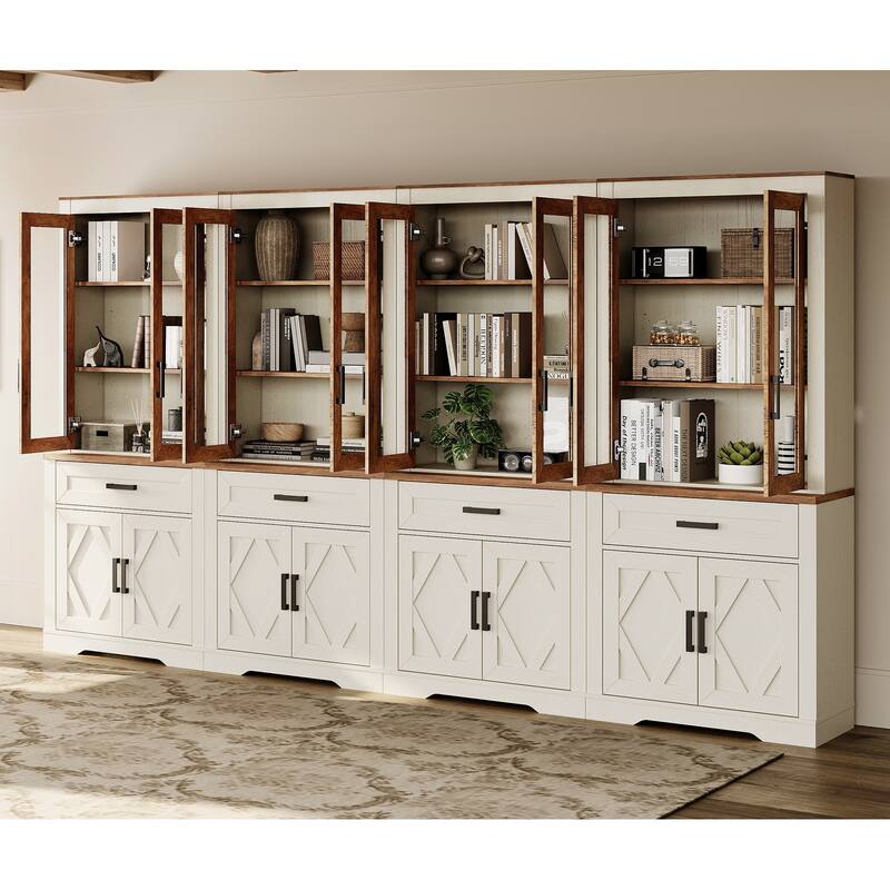 5 Tier 4-Column Bookshelf Set with Open Storage and Glass Doors
