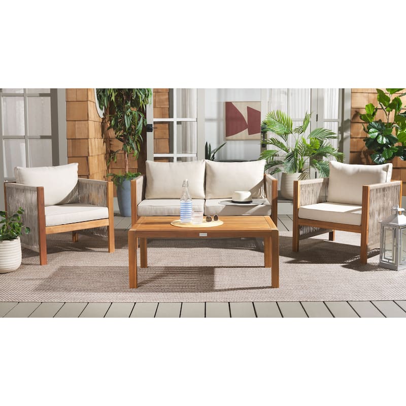 SAFAVIEH Outdoor Patio Furniture Roya 4-Piece Acacia Wood Set with Cushions and Coffee Table - 52"W x 26"D x 25"H