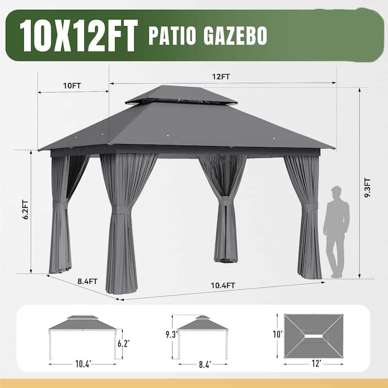 12‘x10'/13'x10' Outdoor Gazebo for Patio, Metal Frame Canopy with Double Roofs
