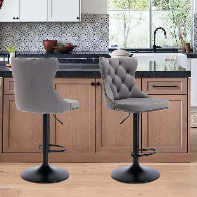 Velvet Upholstered Nailheads Tufted Swivel Bar Stools (Set of 2)