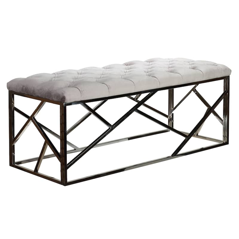 Cortesi Home Kora Grey Velvet Wide Metal Bench Ottoman