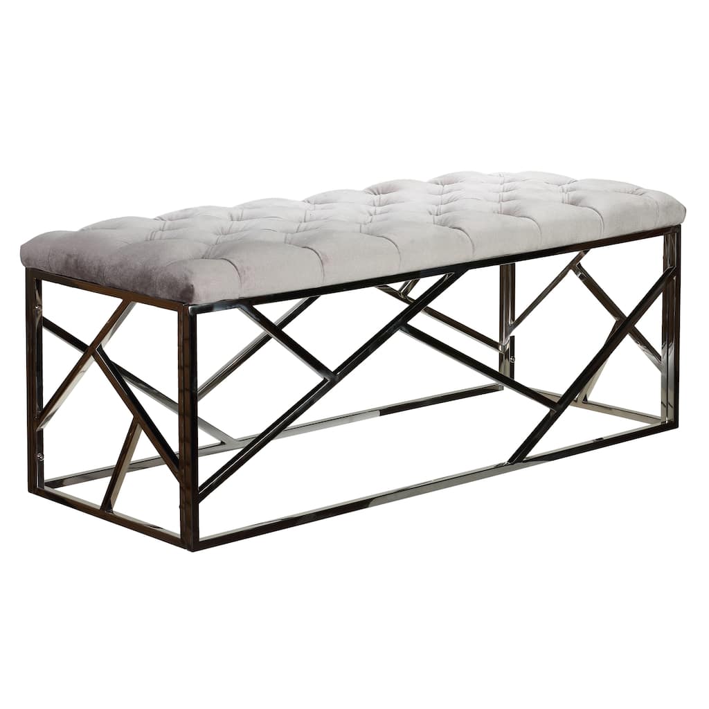 Cortesi Home Kora Grey Velvet Wide Metal Bench Ottoman
