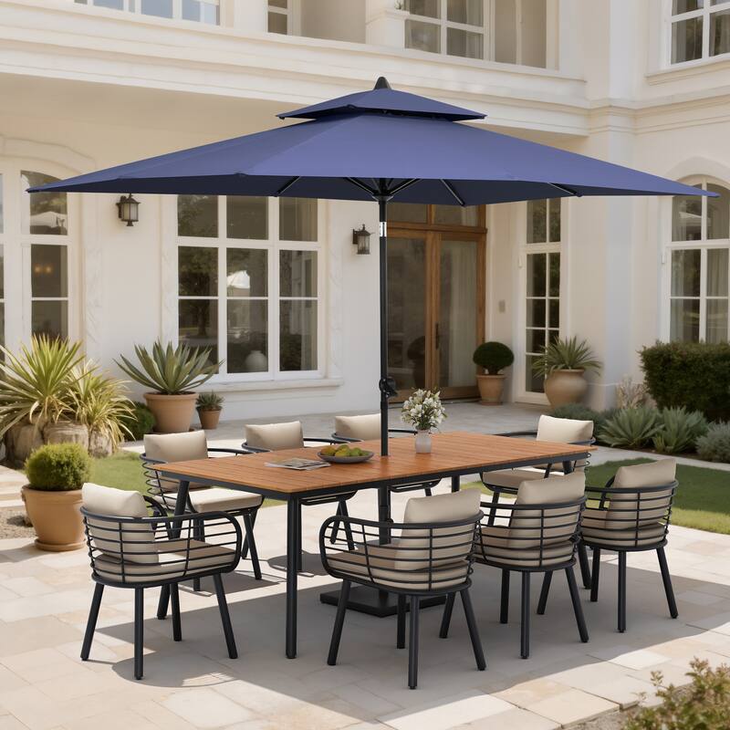 11PC Outdoor Patio Dining Set Aluminum Table with Sunbrella Cushion Chairs w/ Market Umbrella Sets - BrownTable&CabChairs&NavyBlueUmbrella