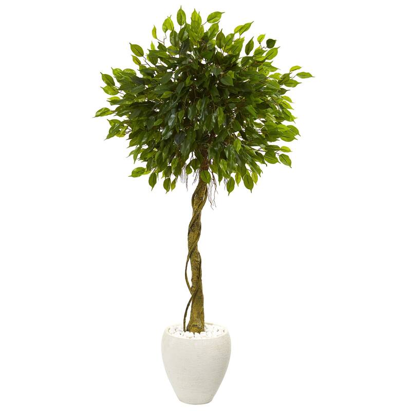 5.5ft Ficus Artificial Tree in White Oval Planter with UV Resistant Lifelike Green Leaves for Seating Area Decoration