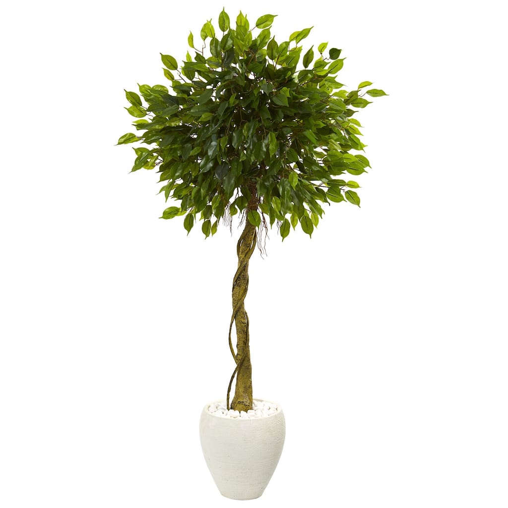 5.5ft Ficus Artificial Tree in White Oval Planter with UV Resistant Lifelike Green Leaves for Seating Area Decoration