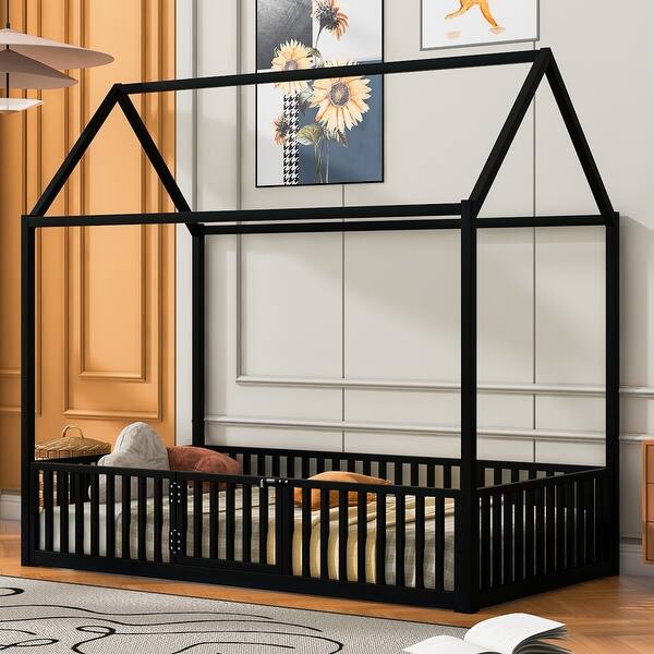 slide 2 of 14, Black Twin Size Metal House Bed with Fence, Roof and Door for Kids, Boys and Girls, Bedroom Twin - Black
