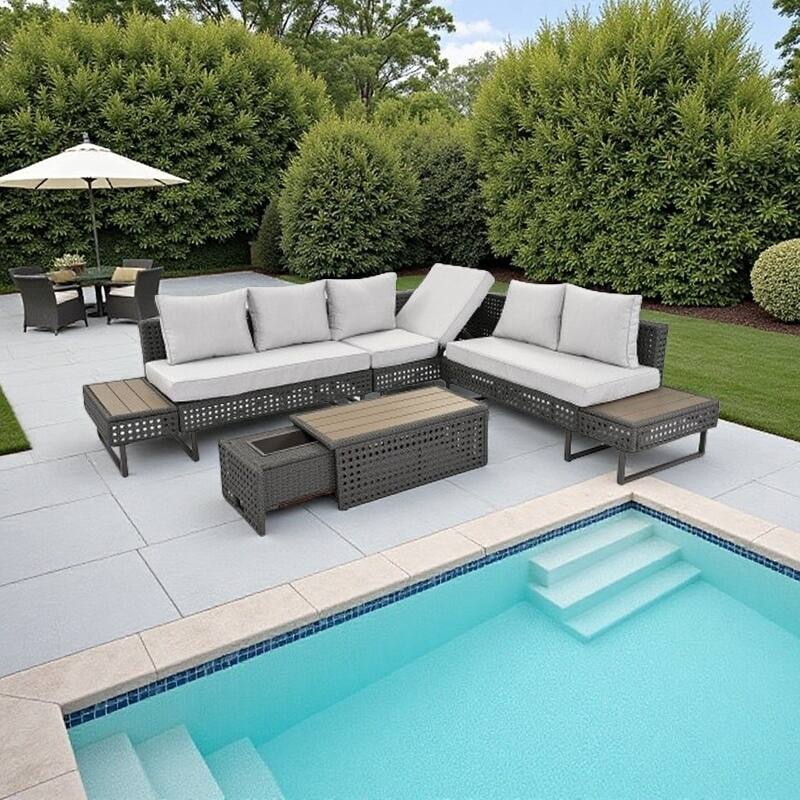 6-Piece Outdoor Sectional Sofa Set with Adjustable Recliner, Ice Bucket Coffee Table & Side Tables - Grey+Brown+Yellow