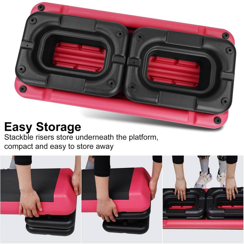 Roomfitters Aerobic Step Platform with 4 Adjustable Risers, Health Club Size Home Workout Stair Stepper, Black+Red