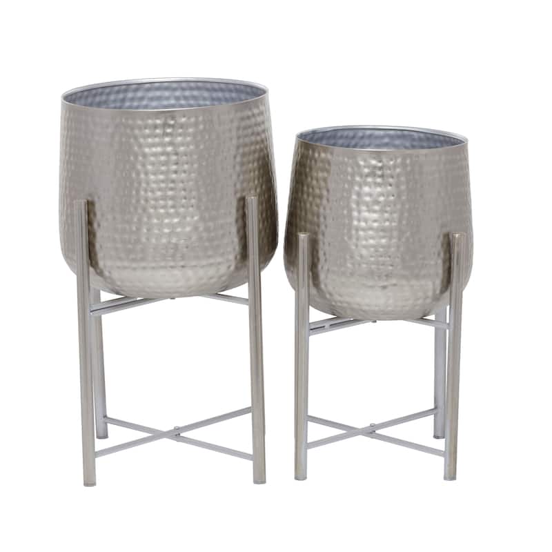 Metal Hammered Planter with X-Shaped Stands - Set of 2 Silver, Black or Gold - CosmoLiving by Cosmopolitan