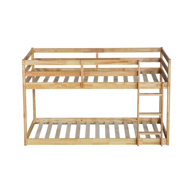 Wooden Twin over Twin Floor Bunk Bed with Ladder ,Upper and Bottom Bed Platforms
