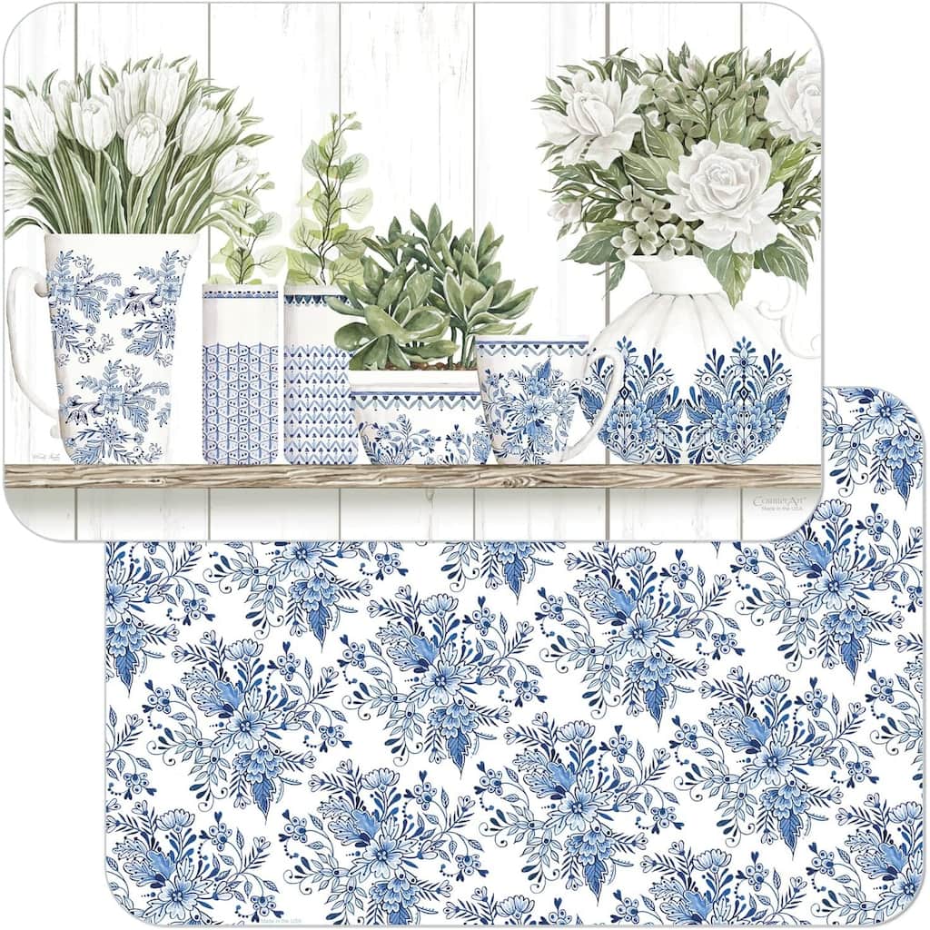 Wipe-Clean Reversible Decofoam Placemats, Blue & White Pottery, Set of 4, Made in The USA