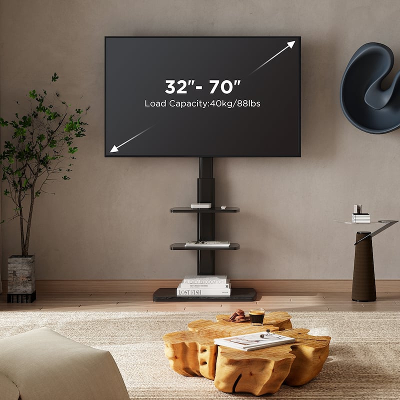 FITUEYES Sturdy Wood Base Floor TV Stand for 32-70 inch TVs with Two Shelves