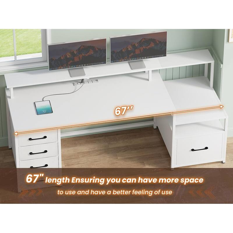 Home Computer Desk File Drawer & Power Outlet 5 Drawer Monitor Shelf