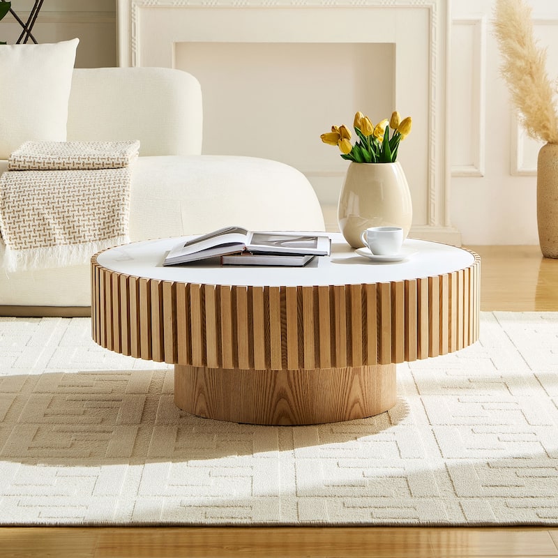 Luxury Round Coffee Table with Faux Marble Top, 35.43" Modern Low Drum Shape Cocktail Table for Living Room, Reception Room