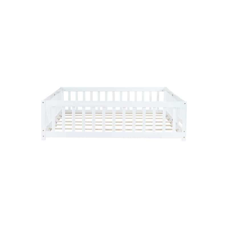 Grey Queen Size Wooden Floor Bed with Fence, Door, Rubber Safety Guardrails