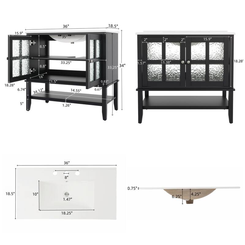 36" Storage Cabinet for Bathroom Vanity with Sink, Textured Glass Doors, Open Shelf, Silver Metal Knobs and Adjustable Shelf