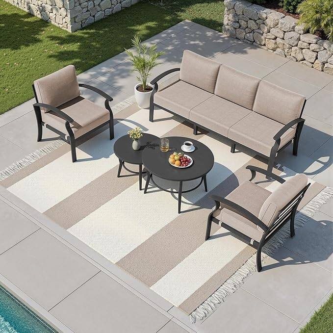 Kullavik Aluminum Outdoor Patio Sectional Sofa Set with Swivel Rocking Chairs and Coffee Table - Sand - 5-Seats-Round Table