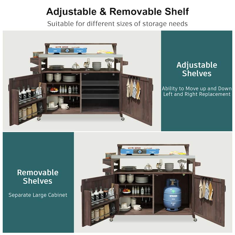 53.3" Outdoor Kitchen Island with Stainless Steel Top, Raised Shelf Solid Wood Storage Cabinet Outdoor Rolling Grill Cart
