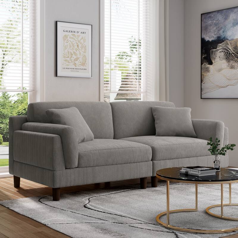 Modern 90" inch Sofa Comfy Corduroy Deep Seats Sofa - Light Grey Set&2 Pillows
