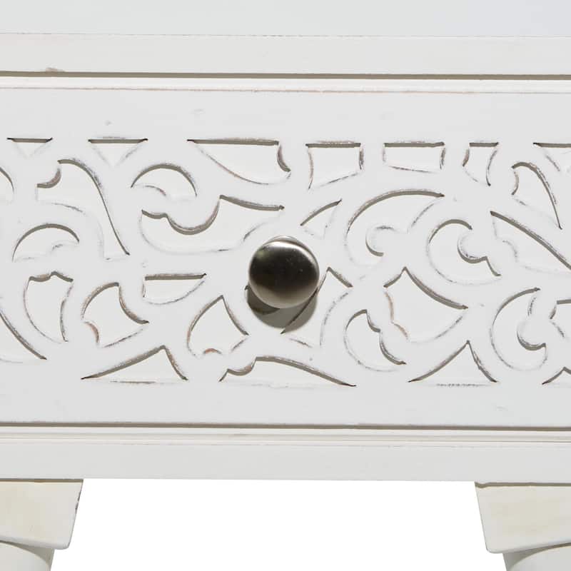 Mango Wood Scroll Intricately Carved Single Drawer Accent Table - White - Roche River Decor