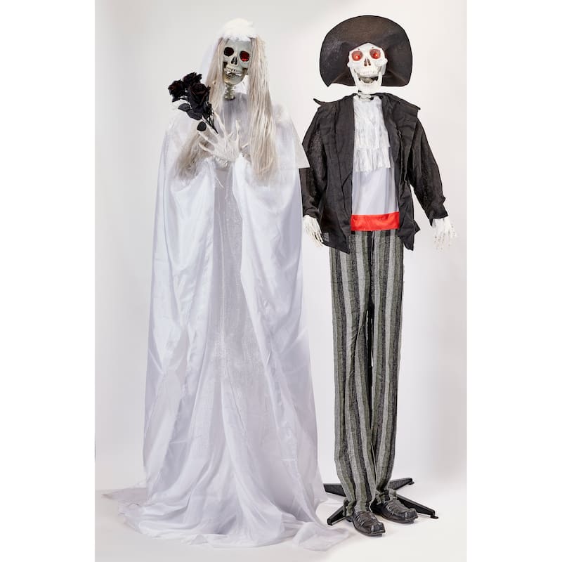 74" Standing Lifesize Animated Halloween Dressed Skeleton Bride and Groom