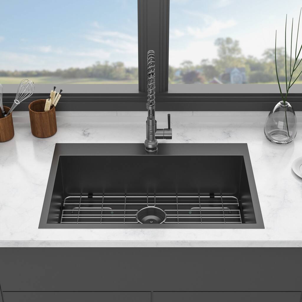 30'' Drop-in Single Bowl 16 Gauge Stainless Steel Kitchen Sink in Gunmetal Black - 33'' x 22'' x 9''
