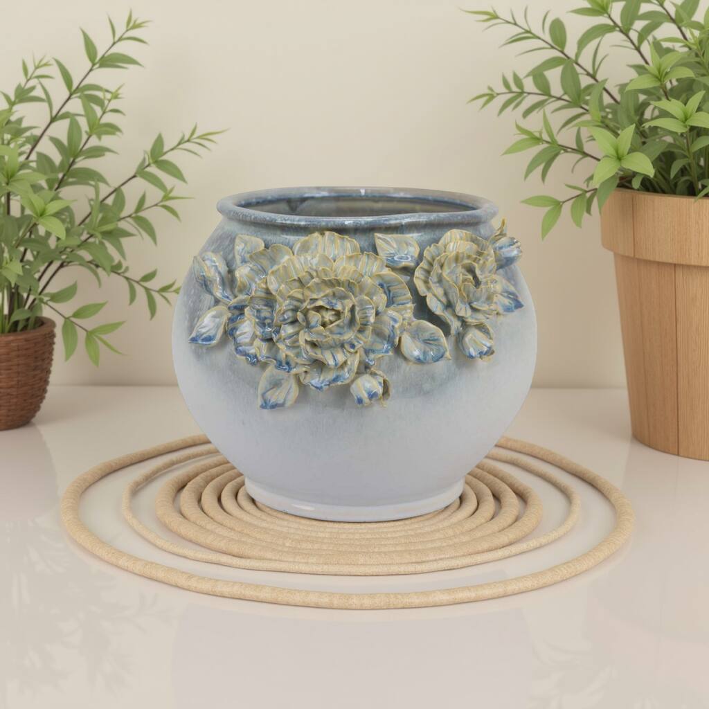 Rox Accent Planter, Floral Applique Design, 12 Inch White Ceramic