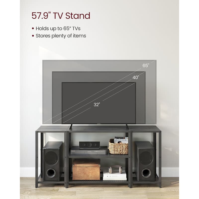 Black Wooden Storage TV Stand for 65 Inch TVs with Shelves and Cabinet - 57.9"L x 15.7"W x 25.6"H