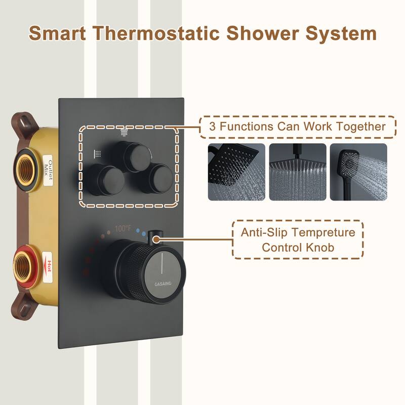 Celling 12 Inch Rainfall Shower Head 3 Function Thermostatic Shower System