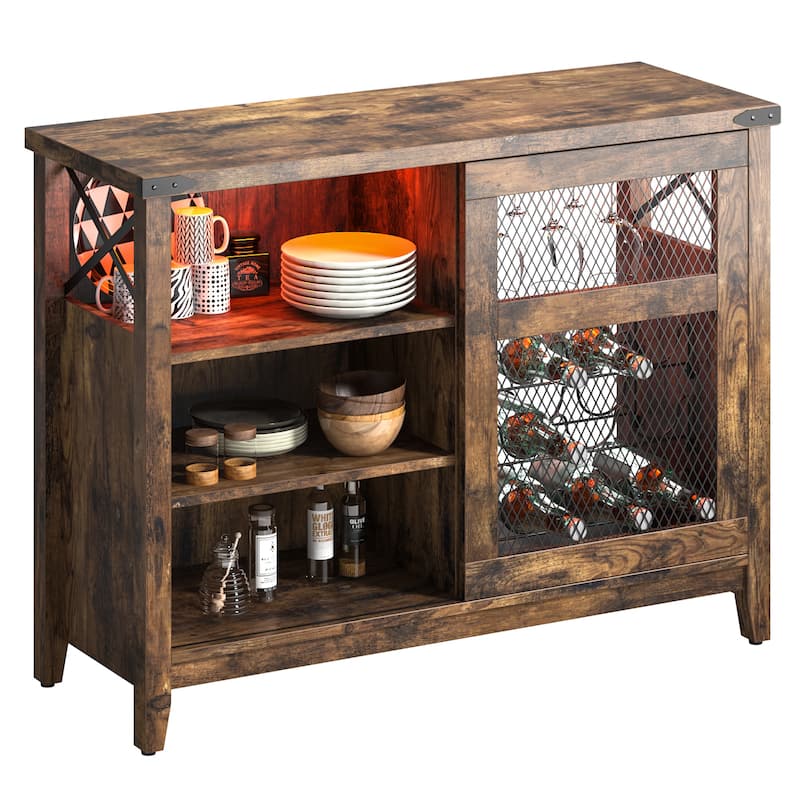 Wine Bar Cabinet with Storage Sliding Door & LED Lights - 42 inch - Rustic Brown