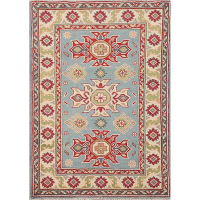 Light Blue Geometric Kazak Oriental Accent Rug Handmade Wool Carpet - 2'9" x 4'1"